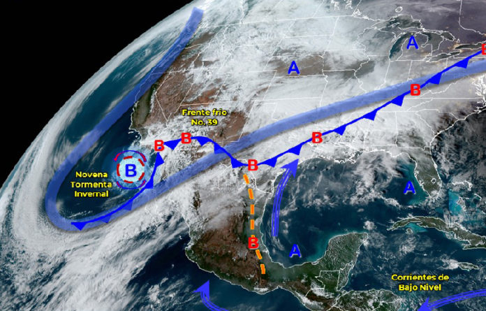 El frente frío número 39 se desplazará sobre el noroeste y norte del país en interacción con la novena tormenta invernal de la temporada. FOTO: Conagua clima.