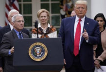 Nutrida conferencia de prensa en la Casa Blanca, en la cual Donald Trump declaró la "emergencia nacional" por el coronavirus. Foto Ap.