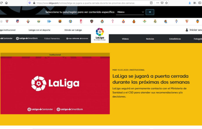 Los partidos de la liga española se jugarán sin aficionados durante al menos las dos próximas jornadas para intentar detener la propagación del coronavirus, informó la competición española. Imagen tomada de www.laliga.com.