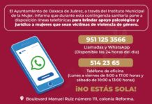 Pone a disposición el teléfono 951 125 35 66 para brindar apoyo psicológico y jurídico a mujeres en situación de violencia.