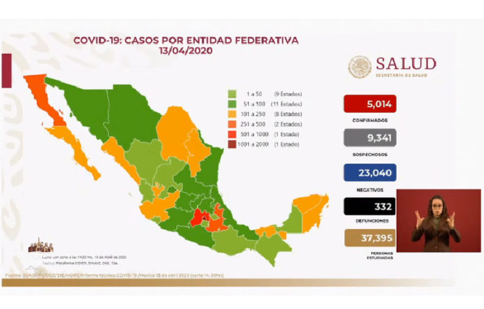 Mapa epidemiológico del Covid-19 este 13 de abril de 2020 en el país. Imagen Ssa.