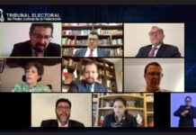 Los magistrados celebraron una video-sesión privada para calificar el proyecto de resolución sobre el particular. Imagen tomada de la transmisión por el canal en Youtube del Tribunal Electoral.