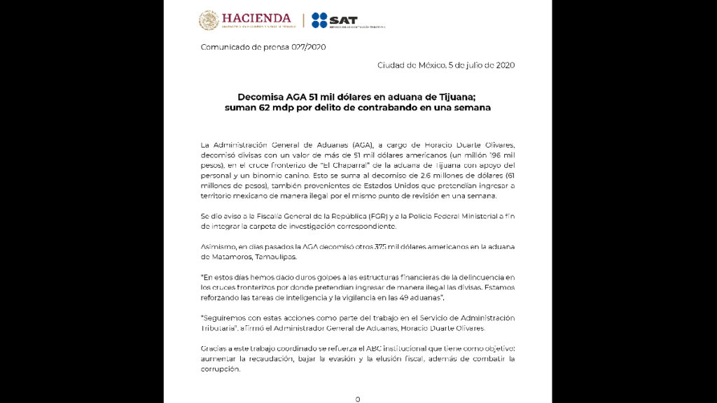 Comunicado de la Agencia General de Aduanas sobre el decomiso de 51 mil dólares en el cruce fronterizo ‘El Chaparral’. Foto Tomada del Twitter @SATMX.