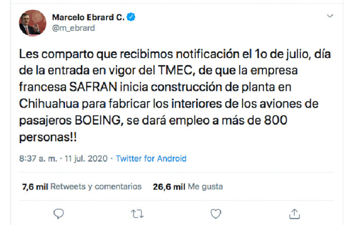 El secretario de Relaciones Exteriores, Marcelo Ebrard, informó que una empresa europea de la industria aeronáutica realizará inversiones en el país. Captura de imagen de Twitter @m_ebrard.