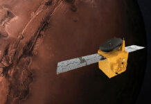 Imagen proporcionada por el Centro Espacial Mohammed Bin Rashid que muestra la sonda Hope. EU, China y Emiratos Árabes Unidos están enviando naves espaciales a Marte a partir de esta semana. Foto a través de AP.