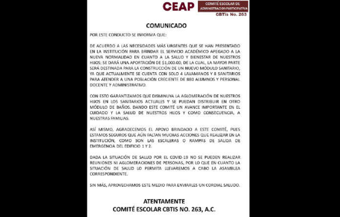 Documento emitido en el portal de facebook del Cbtis 263 de San Agustín de las Juntas.