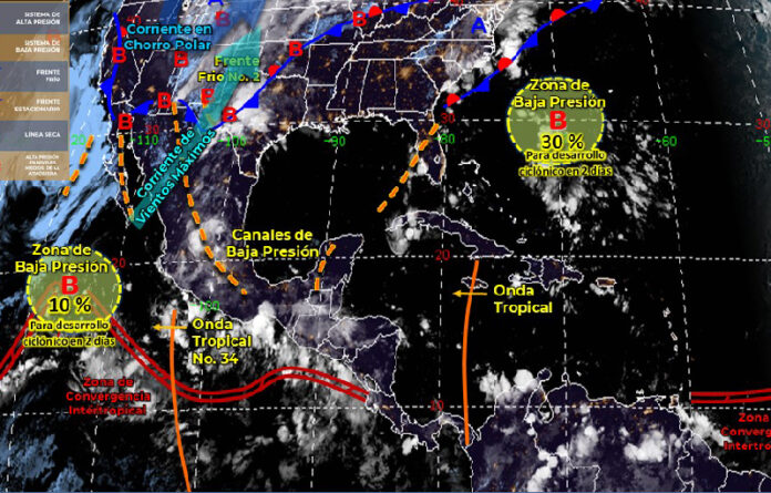 El SMN informó que la noche del martes y madrugada de este miércoles el Frente Frío Número 2 ingresó a la frontera norte de México, ocasionando inestabilidad atmosférica y lluvias muy fuertes (de 50 a 75 milímetros [mm]) en Coahuila y Nuevo León. Imagen tomada del Twitter de @conagua_clima.