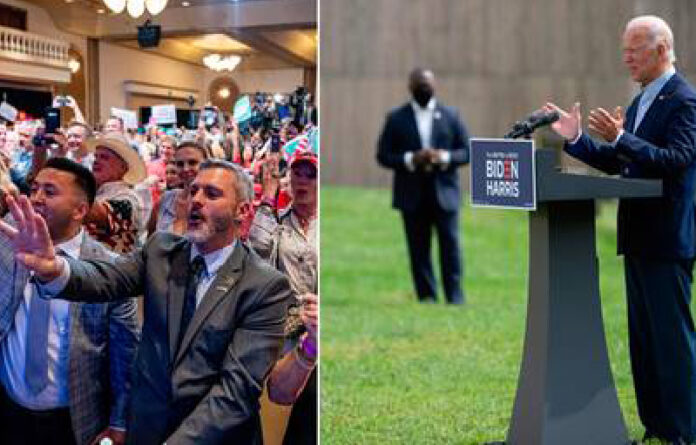 La Coalición Latinos por Trump, ayer en un acto de respaldo al mandatario republicano en Phoenix, Arizona. A la derecha, el demócrata Joe Biden en un acto de campaña afuera del Museo de Historia Natural en Wilmington, Delaware. Foto Ap y Afp.