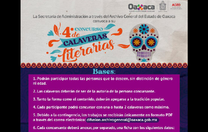 Mujeres y hombres de todas las edades pueden participar en el 4° Concurso de Calaveras Literarias que organiza la Secretaría de Administración, a través del Archivo General del Estado de Oaxaca.