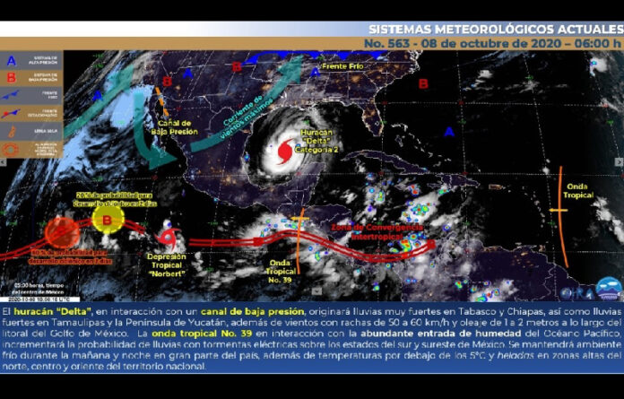 La depresión tropical ‘Norbert’ se ubicó a 680 Km al su-suroeste de Manzanillo, Colima. Imagen tomada del Twitter de @conagua_clima.