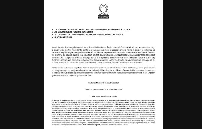 Comunicado del Consejo Nacional de la Asociación Nacional de Universidades e Instituciones de Educación Superior de la República Mexicana, A.C.