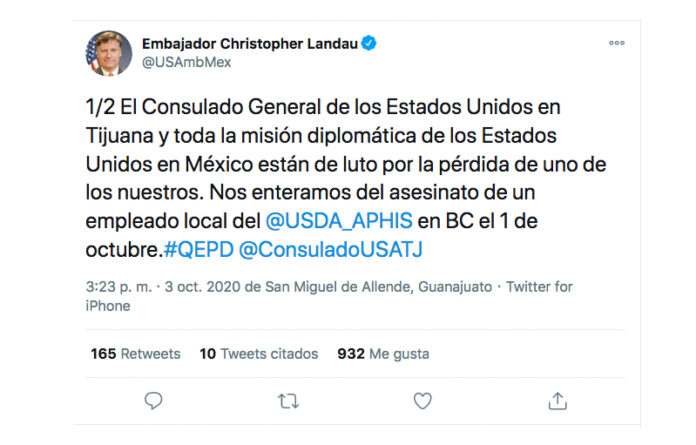 El embajador estadunidense en México se sumó al lamento por la muerte del funcionario mexicano naturalizado en EU. Foto @USAmbMex.