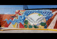 El mural se inspiró en la cosmovisión de la etnia guarijía y representa el inicio de la vida. Foto Cristina Gómez Lima.