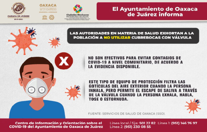 No es recomendable el uso de cubrebocas o mascarillas con válvulas pues no son efectivas para evitar contagios de COVID-19 a nivel comunitario.